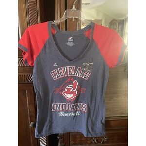 Cleveland Indians Shirt Women XL Athletic Cut Blue Red V-Neck Baseball Sequins
